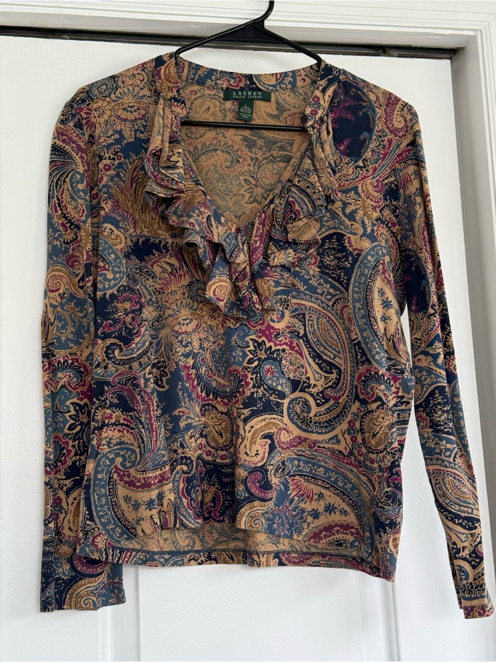 Lauren Ralph Lauren Navy, Tan & Burgundy Paisley Ruffle V-Neck Blouse